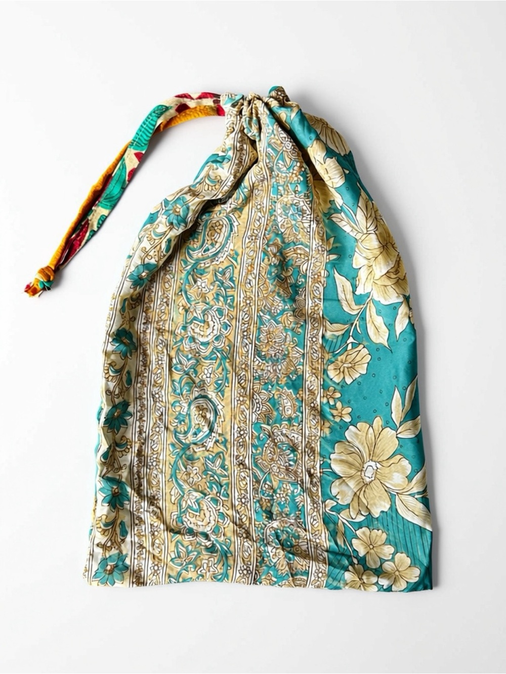 Floral Drawstring Tote Bag / Garment Bag in Teal and Cream 12.5x7